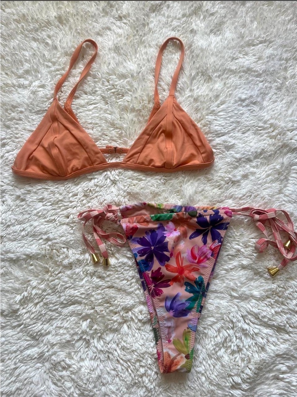 Frankie’s Bikini’s Peach Triangle Bikini Top with Floral Tie-Side Bottom